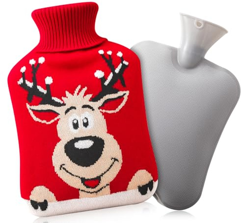 dusaniyali Wärmflasche mit Bezug,2L Wärmeflasche Kinder mit Strickbezug,Wärmflasche Tier PVC Hot Water Bottle für Erwachsene Kinder Weihnachten Geschenke (Rentier)