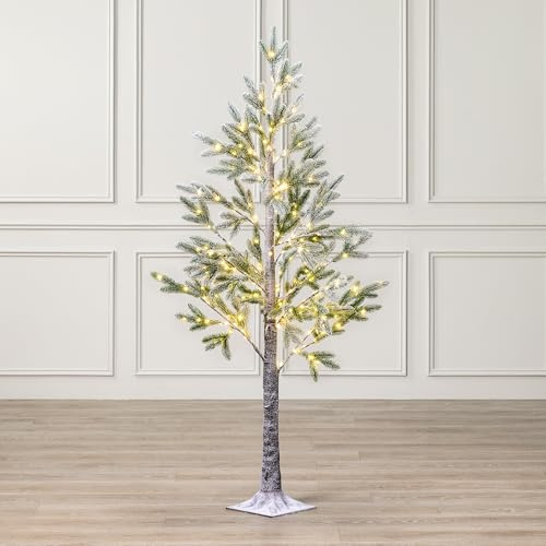 Christow 5ft Pre-Lit Christmas Tree, Artificial Sparse Halden Fir with 240 Warm White Micro LEDs, Snow Flocked PE Tips, Mains Powered with Timer, Indoor Outdoor, 4 Ground Stakes, 150cm x 70cm x 70cm