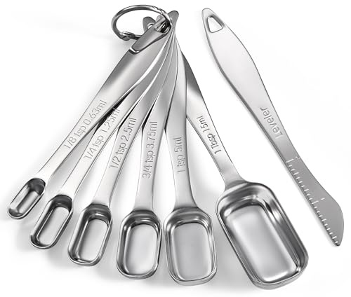 Doosu Cuchara medidora cuadrada estrecha, acero 18/8, 7u con nivelador | Utensilio medidor metálico de cocina, cucharadita y cucharada para cocinar, para sacar especias, polvo y líquidos de tarros