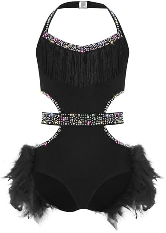 LiiYii Filles Gymnastique Justaucorps Body Danse Latino Américaine Tango Avec Pompons Strass Robe Patinage Artistique Avec Plumes Costume Danse Samba Rumba Salsa Noir 11-12 ans