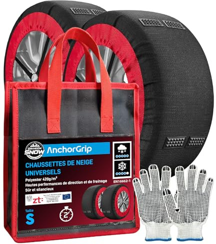 Chaussettes de Neige Textile Homologuées EN 16662-1 Taille S Chaussette Pneu Voiture - DriveonSnow AnchorGrip avec Crampons Antidérapage Montage Rapide 2 Minutes Haute Sécurité + Gants