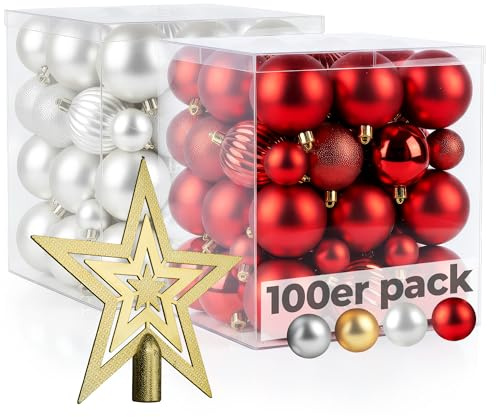 Menz Weihnachtskugeln 101er Rot & Weiß mit Glanz Matt Glitter 3 4 6cm inklusive Sternspitze hochwertige Christbaumkugeln perfekte Weihnachtsdeko für jeden Baum