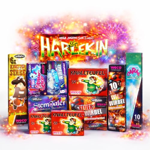 FLAME X BURN XXL Set HARLEKIN 150 teilig - Feuerwerk 2026 Set für Kinder & Jugendliche mit Wunderkerzen, Knallerbsen UVM