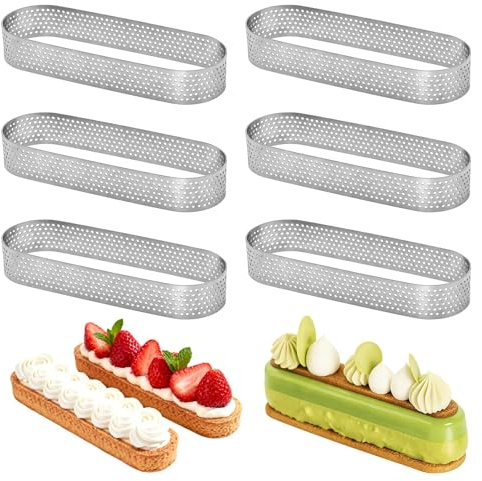 QEAS Cercle a Patisserie, 6 Pièces Cercle à Tarte Perforé 430 Inoxydable en Ovale Forme, Verdicktes, Hochtemperaturbeständiges, Cercles à Tartelette pour Gâteaux en Mousse Pizzas Muffins(13*4.3*2cm)