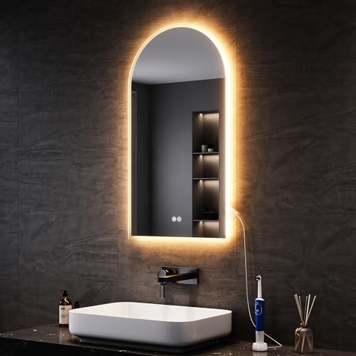 SONNI Badezimmerspiegel mit Beleuchtung Bogen 90x50 cm, LED Badspiegel mit Steckdose + Touch-Bedienung + Anti-Beschlag + 3 Farben, Dimmbar & Stromausfallgedächtnis