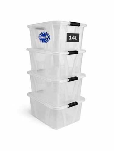 HOGSTEN Aufbewahrungsboxen 4er-Set mit Deckel – Stapelbare Kunststoffboxen 7L, 14L, 21L, 32L, 55L, 80L Transparent mit Klickverschluss & Griffen, BPA-frei, Lebensmittelgeeignet, Ordnungskisten (14 L)