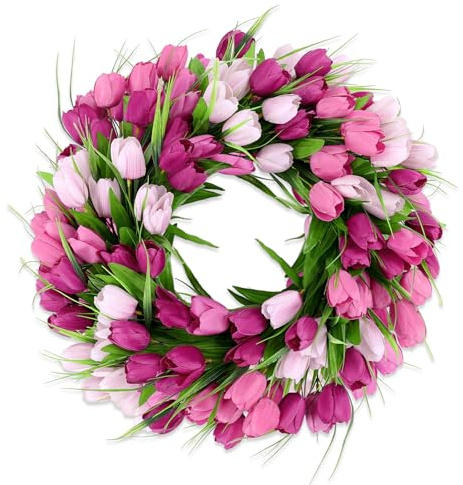 Enyhom Künstliche Tulpenkranz Ganzjährig, 45cm Türkranz Frühling Sommer Außen Deko für Bauernhaus, Lebensechte Blumen Dekokranz für Haustür Wohnzimmer Wand Dekoration