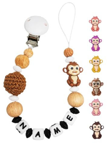 Individuell gestaltetes Babygeschenk personalisiertes Schnullerkette mit Namen für Mädchen oder Junge Baby Geschenk personalisiert zur Geburt & Taufe (Affe)