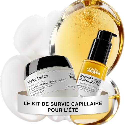 L'OREAL PROFESSIONEL - Kit Voyage Cheveux Abîmés - Protection Solaire - Anti-UV - Hydrate Intensément & Répare - Format Avion Cabine - Masque Metal Detox (75ml) & Huile Absolut Repair Molecular (30ml)