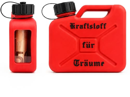 Spardose Benzinkanister „Kraftstoff für Träume“, 2-in-1 Geldgeschenkbox für Geldscheine und Münzen mit Sichtfenster, Originelles Geldgeschenk für Führerschein, Autokauf, Reisekasse, Geburtstag