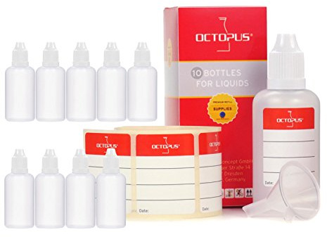 Octopus 10 x 50 ml LDPE-Tropfflaschen mit weißen Deckeln und Trichter | Quetschbare Dosierflaschen mit Tropfeinsatz und G14-Gewinde, zum sauberen Abfüllen und tropfenweisen Dosieren.
