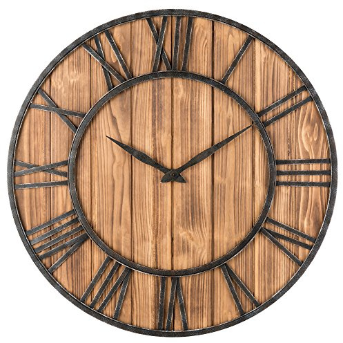 Oldtown Rustic Farmhouse Metal & Solid Wood Noiseless Wall Clock (Wood, 30-inch)
