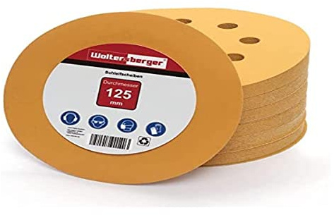 Woltersberger® Exzenter Schleifscheiben Ø 125mm | 8 Loch in gold | Schleifpapier für optimales schleifen, vielseitig einsetzbar, verschiedene Körnungen und Stückzahlen (50 Stück, P80 Körnung)