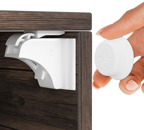 Hoffenbach Cierre Magnético Invisible para Armarios y Cajones – 20 Seguros para Bebés + 4 Llaves – Bloqueo de Seguridad Infantil con Cerradura Magnética – Imanes Adhesivos para Muebles – Blanco