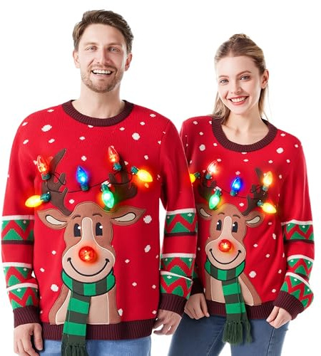 JOYIN LED-upplyst, ful och stor jultröja med ren och integrerade lampor för kvinnor, röd, L