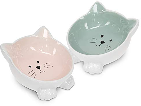 Navaris 2 x Ceramic Cat Bowls - Twin Pack of Cat Feeding Dishes with Anti Slip Silicone Feet - Rose and Green Cat Shaped Food and Water Bowls for Cats