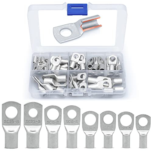Wirefy 60 PCS Tinned Copper Wire Lugs Kit - Battery Lugs - Crimp Battery Cable Ends - Ring Terminals - 10-4 Gauge