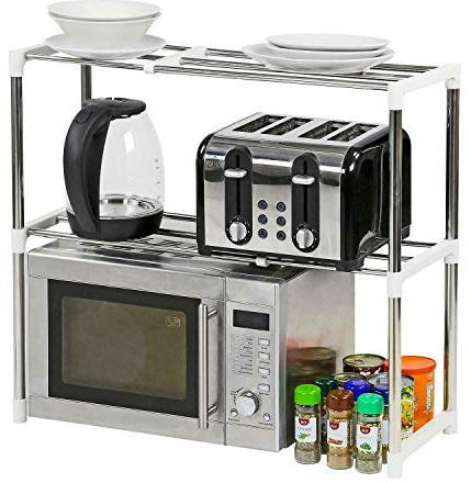 2 Tier Microwave Oven Storage Rack | Stainless Steel Costruction | Space Saver | Extendable | Kitchen Organiser | easy to clean | Strong And Sturdy | ANTI-SKID BOTTOM | SIZE: H60.5 x D25 x W49.5-85cm