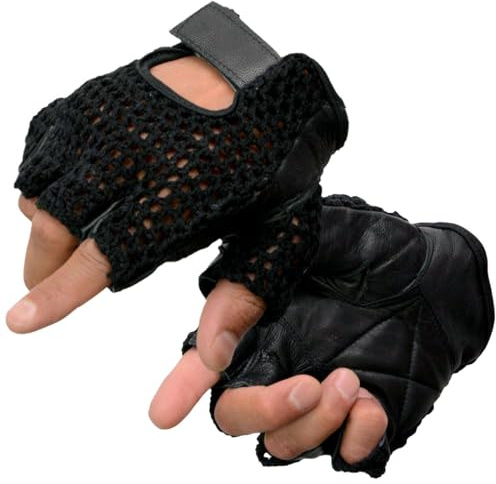 Milwaukee Leather SH219 Men’s Black Leather and Mesh Fingerless Gloves with Padded Palm - Large