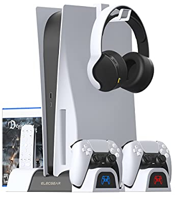 ElecGear PS5 Vertikale Halterung, Kühlventilator, Dual-Ladegerät, Ladestation, Controller, Spiele, Speicherständer für DualSense-Controller, Playstation 5 Media Remote und Kopfhörerhalterung