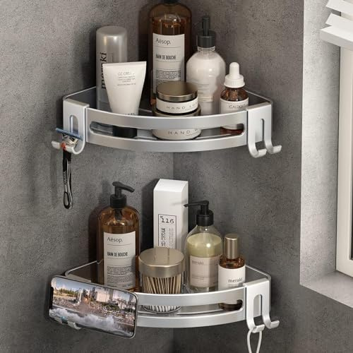 Voldra Etagere Douche Angle Sans Percage, 2 PièCes Etagere Angle Salle De Bain avec Porte Serviettes et Crochets, AdhéSif Rangement et Organisation de La Salle de Bain Support Gel Douche(Argent)