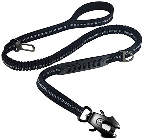 Starke Hundeleine,Reflektierend Doppelseitig Leine mit Weich Gepolstertem Griff,Nylon Bungee Hundeleinen Elastisch mit Auto Sicherheitsgurt Schnalle Metallhaken für Großen Mittelgroße Hunde (Schwarz)