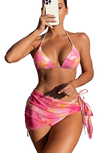 GORGLITTER Bikini med kjol, damset, 3 delar, bikiniset, sexig, halterneck, bikini, topp, bikini, färgglad batik, ROSA, M