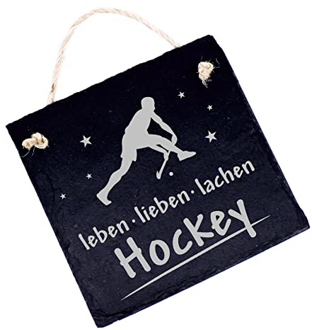 Hockey Schild Schiefer Türschild Gravur - Leben Lieben Lachen - Dekoschild Rasenhockey Hockeydeko 11 x 11 cm