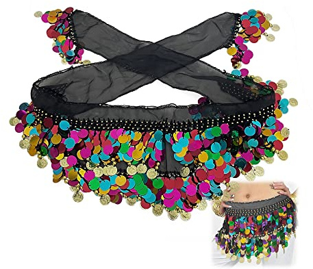OHYER Bauchtanz Tuch bunt Bauchtanz hüfttuch Kostüm Damen Tribal Hüfttuch Chiffon für Frauen und Mädchen Performance Kleidung mit Goldmünzen Röcke für Geburtstag Bühne Party Latein Tänze (Schwarz)