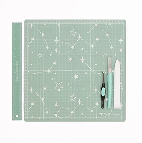 Craftelier - Kit Iniziale per Scrapbooking e Crafting | Include Base da Taglio Bifacciale, Righello in Metallo da 30 cm, Bisturi di Precisione, Utensile Pieghevole in Teflon e Pinzette di Precisione