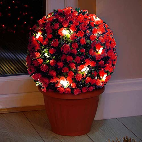 New Solar Powered Topiary Ball Lights - 27cm Topiary Balls with 20 Solar LED Lights - Garden Ornament Hanging Sphere Decoration - Wedding Artificial Plant - Backyard Balcony Garden Decor (Red)
