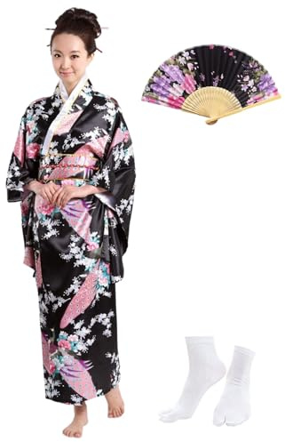 KRUIHAN Kimono Giapponese Donna in Raso Yukata Set,Costume Carnevale & Cosplay con Ventaglio Pieghevole e Calze Tabi,Ideale per Feste,Eventi Tematici Giapponesi,Stile A-Nero,Taglia S/Sotto i 55kg