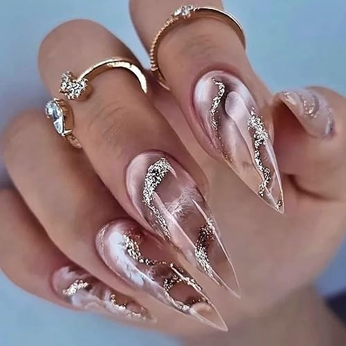 Brishow Künstliche Nägel, Sarg, lang, spitz, Mandel, zum Aufdrücken, Halo, gefärbt, goldfarben, 24 Stück, für Damen und Mädchen