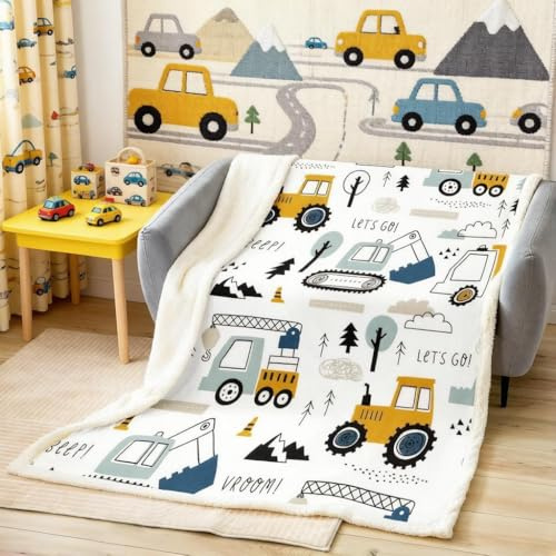 Manta de Forro Polar para Niños con Diseño de Coche de Dibujos Animados - Sherpa, Equipo de Decoración, Camiones, Excavadora, Tractor - Blanca y Amarilla