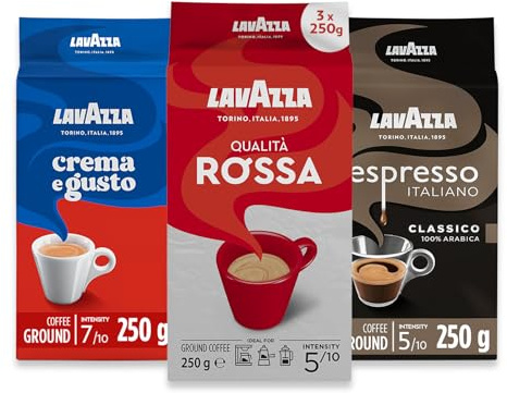 Lavazza, Ground Coffee Variety Pack, 3 x 250g | Includes Qualità Rossa, Crema e Gusto Classico, Espresso Italiano Classico, Ground Coffee, 3 packs of 250g