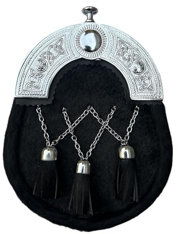 ROARMAX Sporran scozzese catena croce tre nappe in pelle nera e metallo cromato Cantle sulla parte superiore in pelle Sporran per kilt borse tradizionali scozzesi, Nero , Medium