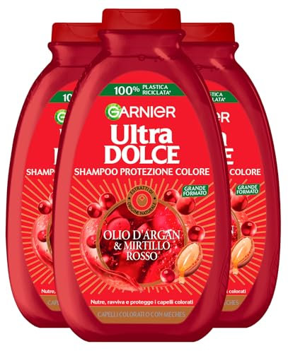 Garnier Ultra Dolce Shampoo Protezione Colore per Capelli Colorati o con Meches Olio d'Argan e Mirtillo Rosso Nutriente Ravvivante Protettivo con Estratti di Origine Naturale - 3 Flaconi da 400ml