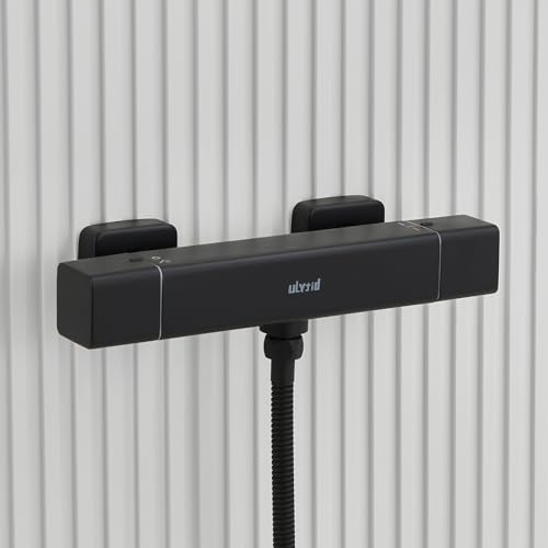 Ulytid Miscelatore Doccia Nero, Miscelatore Termostatico Doccia, Rubinetto Doccia da Muro con Blocco di Sicurezza a 38°, Moderno Rubinetto Termostatico per Bagno Vasca, Uscita Inferiore 1/2 (21mm)