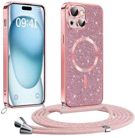 Phoona Glitter Cover per iPhone 15 plus 6,7 con Cordino, Antiurto Silicone Protezione, compatibile con Morbido TPU Silicone Cover con Cordino, Anti Graffi, Non Ingiallente, Rosa