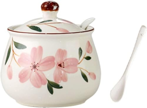 GERRIT Azucarero, azucarero con diseño de Flor de Cerezo Rosa con Tapa, azucarero con Cuchara, tarros de Especias de cerámica, decoración de Cocina-Flores de cerezo-350ml