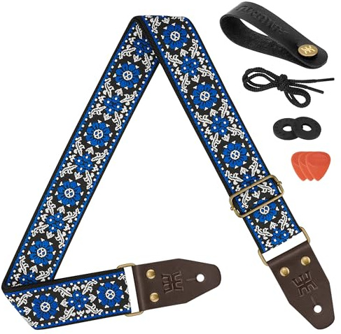 Amumu Gitarrengurt, Blume des Lebens, bestickt, genarbtes Leder, für Bass, elektrische und akustische Geräte, Blau, Blau, 37.5“- 64“