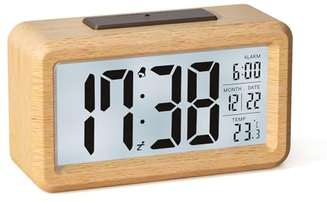HERMIC Alarm Clock, Digital Alarm Clock Battery Wooden with Temperature, Date, Light Sensor, Backlight, Snooze Function, 12H/24H for Bedside, Bedroom (Batteries Included)