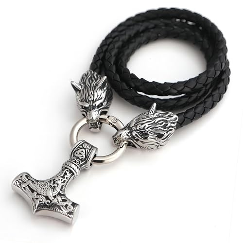 JHBTFQ Wikinger Herren Leder Halskette, 50/60/70/80cm Geflochtene Lederkette mit Edelstahl Odin Wolf Mjölnir Anhänger Nordischer Amulett Schmuck