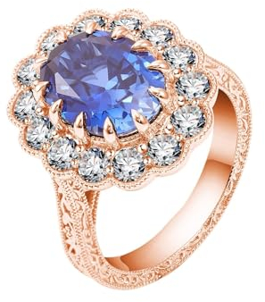 18 Karat Roségold Ringe Dunkelblau Erstellt Saphir Oval, Damenring Blütenförmig mit Ovalem 2-Karat-Saphir Ring Damen Größe 63 (20.1)