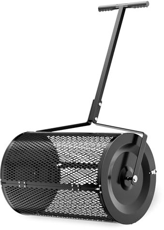 Wiltec Rouleau Épandeur Compost 1100 x 640 x 400 mm Noir Acier Revêtu par poudre 75L Poignée en T Rouleau en treillis Mousse Terreau Sable Engrais Semence Pelouse Gazon Entretien de Gazon