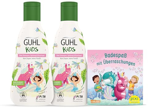 Guhl Kids enhörning fördelset – 2 x Guhl Kids 3-i-1 schampo, balsam och duschgel, 250 ml 1 x Pixibok – speciellt utvecklad för barn – ingen drink – Cosmos Naturcertifierad