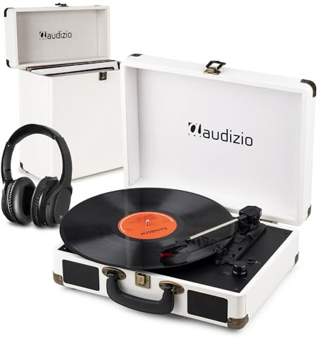 Audizio RP116CR Record Player with Bluetooth Output, Wireless Headphone, Vinyl Storage Case for 30 Records, Noise Cancelling Vinyl Player Bluetooth Headphone Set