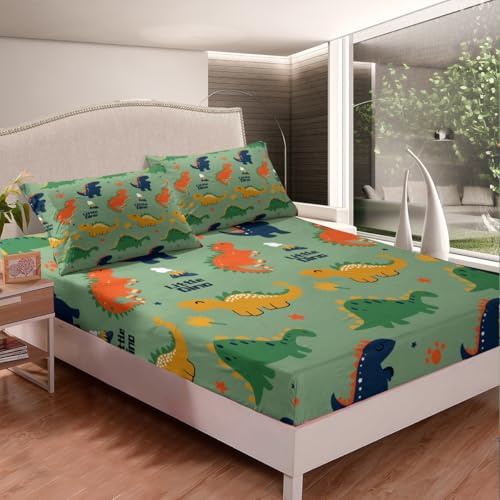 Homemissing Juego de sábanas bajeras de dinosaurio de dibujos animados, tamaño King, para niños, niñas, adolescentes, dinosaurios de la selva, con 2 fundas de almohada, juego de sábanas de parque de
