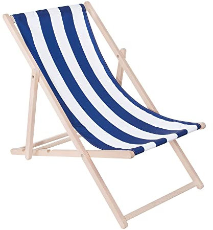 Muntel Klappstuhl Liegestuhl klappbar aus Massivholz, Sonnenliege für Garten, Balkon & Terrasse, Gartenstühle, Gartenliege wetterfest, Strandliege klappbar leicht, Strandstuhl, (Blau/Weiß)