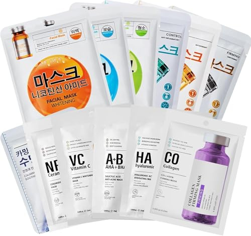 12 Pezzi Daily Care Maschere viso,Maschera in Tessuto，Qualità Idratante Viso Nutriente,Ciascuna Con Un Effetto Diverso,per quasi tutti i tipi di pelle